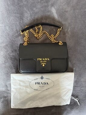 Prada Black Saffiano Leather Flap Crossbody with Gold Chain